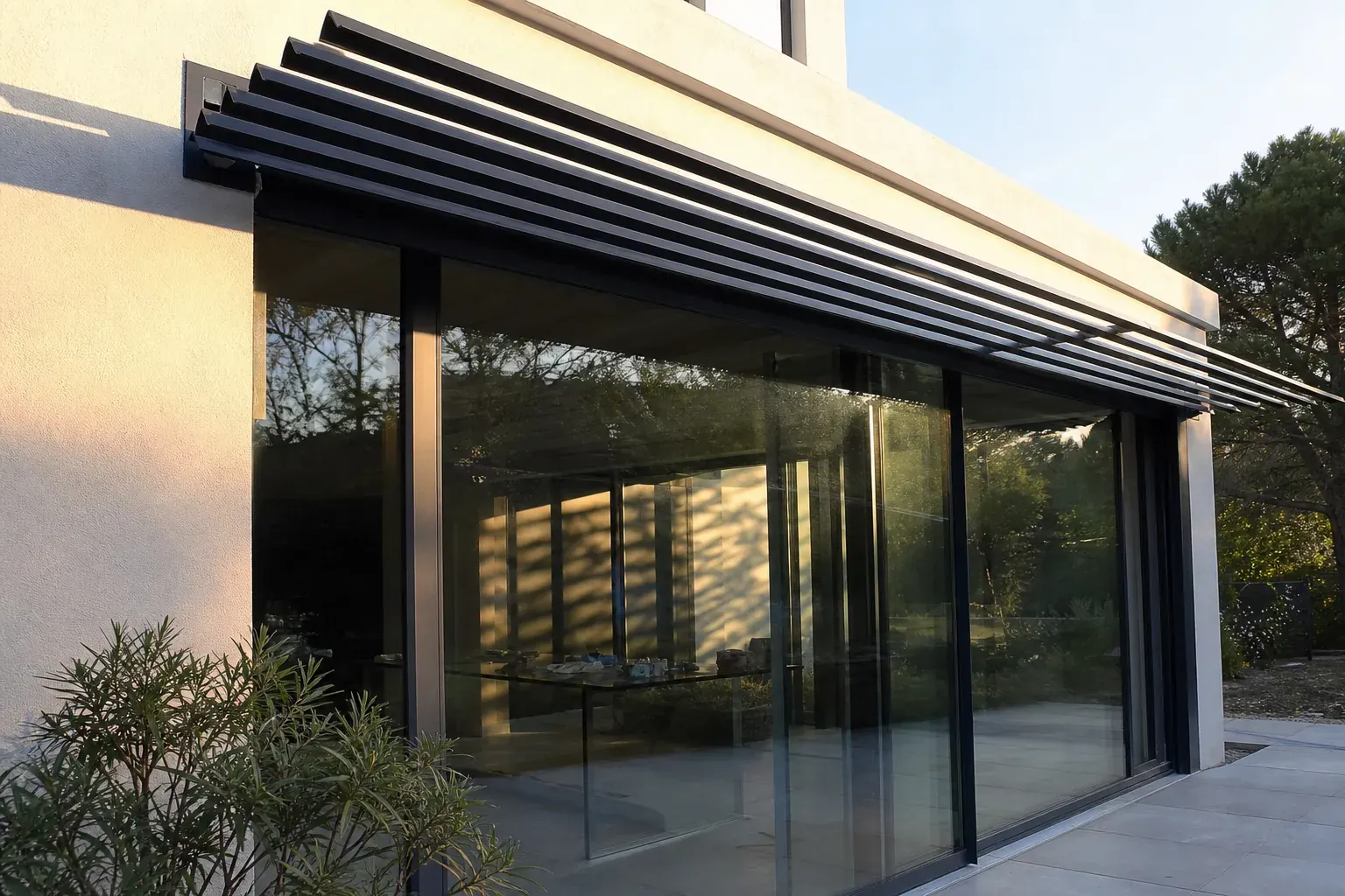 Brise-soleil orientable au-dessus d’une véranda, lames à mi-inclinaison, lumière de fin de journée